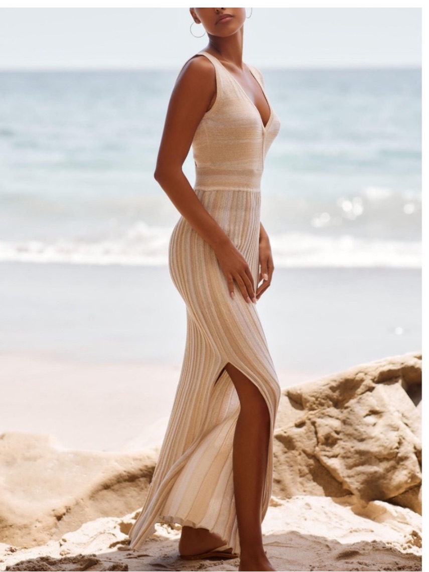 Loveshackfancy Metallic Gold & Cream Ribbed Maxi Dress